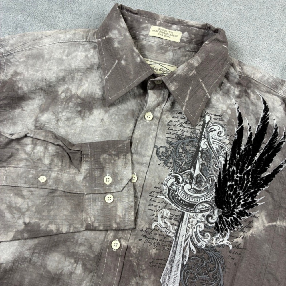 NWT Eighty Eight Mens Grey Tie Dye Graphic‎ Sword Wing Button Down Shirt Large L